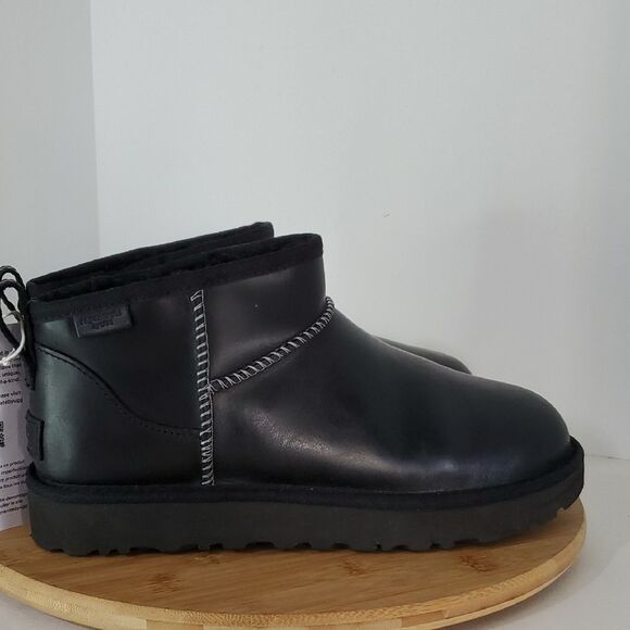 UGG Women's Classic Ultra Mini Black Leather Regen Boots Size US 9 NWOB - Picture 1 of 15